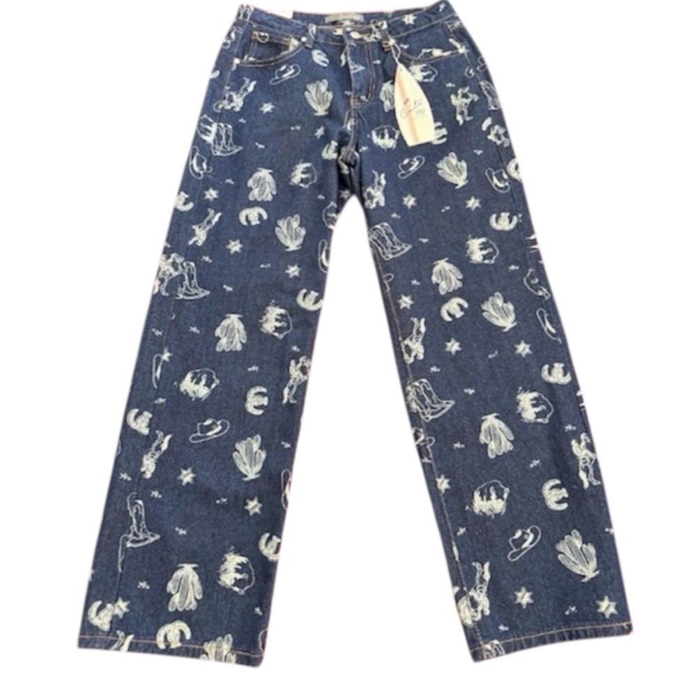 Cali 1850 Women's Wide Leg Mid Rise Western Print Blue Denim Jean Size 11/30 NWT